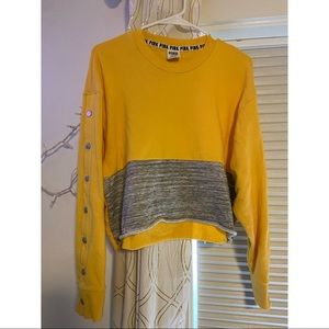 PINK Cropped Button Sleeve Crewneck